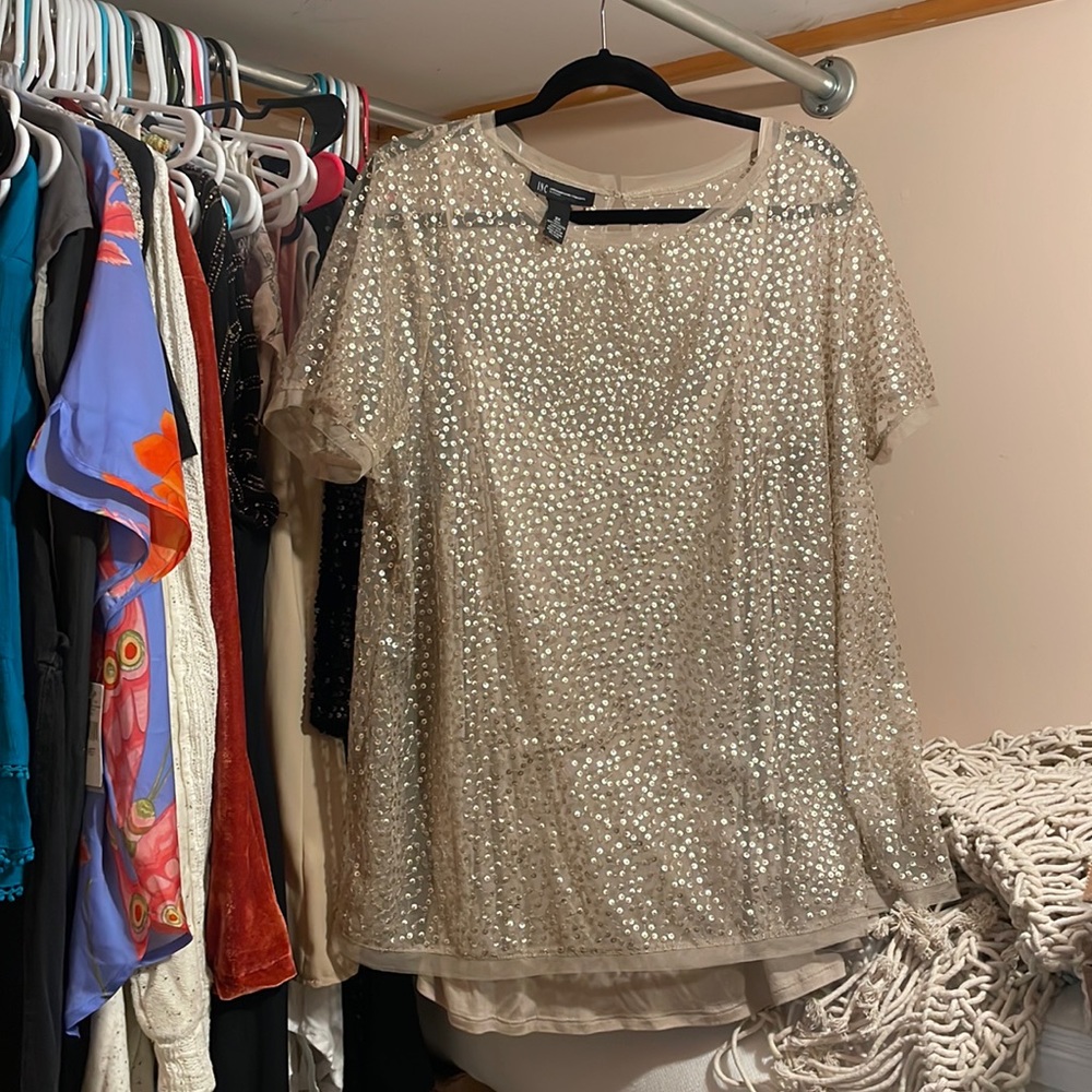 Gold sequin sheer mesh T-shirt with matching cami liner.  Never worn